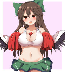 Rule 34 | 1girl, :d, adapted costume, between breasts, black wings, blush, bow, breasts, brown hair, cleavage, green bow, green skirt, guard vent jun, hair bow, highres, large breasts, long hair, looking at viewer, midriff, navel, open mouth, pink background, pom pom (cheerleading), red eyes, reiuji utsuho, simple background, skirt, smile, solo, third eye, touhou, wings