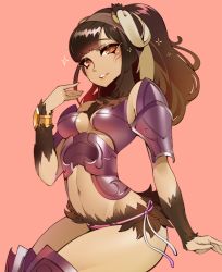 Rule 34 | 1girl, armor, blush, boobplate, breastplate, breasts, brown eyes, brown hair, commentary, commission, english commentary, fire emblem, fire emblem awakening, halphelt, hand up, long hair, looking at viewer, medium breasts, navel, nintendo, pale skin, panne (fire emblem), pauldrons, pink background, ponytail, shoulder armor, simple background, sitting, smile, solo, sparkle