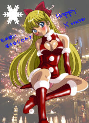 Rule 34 | 1990s (style), 1girl, aino minako, arm support, bare shoulders, bishoujo senshi sailor moon, blonde hair, blue eyes, blush, boots, bow, christmas, cleavage cutout, clothing cutout, earrings, elbow gloves, gloves, hair bow, half updo, head tilt, heart, heart cutout, high heels, jewelry, long hair, panties, pantyshot, photo background, ranpu, red bow, red footwear, red gloves, santa costume, shoes, sitting, snowflakes, solo, underwear