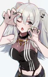 Rule 34 | 1girl, ahoge, animal ears, black nails, blurry, breasts, claw pose, cleavage, depth of field, grey eyes, grey hair, highres, hololive, large breasts, lion ears, long hair, midriff, nail polish, navel, one eye closed, see-through, see-through cleavage, shirt, shishiro botan, shishiro botan (1st costume), simple background, sleeveless, striped clothes, striped shirt, vertical-striped clothes, vertical-striped shirt, virtual youtuber, white background, yuura