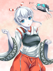 Rule 34 | 1girl, abyssal ship, alternate costume, alternate headwear, aqua eyes, cosplay, eyebrows, hair ornament, hair ribbon, highres, japanese clothes, kantai collection, kirimori toya, long sleeves, muneate, open mouth, pale skin, ribbon, silver hair, wo-class aircraft carrier, zuihou (kancolle) (cosplay)