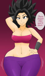 Rule 34 | 10s, 1girl, bare shoulders, black eyes, black hair, breasts, caulifla, cleavage, curvy, dragon ball, dragon ball super, female focus, hand on own hip, pants, smile, solo, spiked hair, strapless, tube top, wide hips, wristband