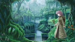 Rule 34 | 1girl, brown coat, brown dress, coat, column, commentary request, day, dress, eyes visible through hair, fantasy, flower, forest, full body, green eyes, highres, holding, holding staff, hood, hooded coat, kajiji, long sleeves, looking to the side, nature, open mouth, orange flower, original, overgrown, pillar, pink flower, purple hair, scenery, short hair, signature, solo, staff, stairs, standing, tree