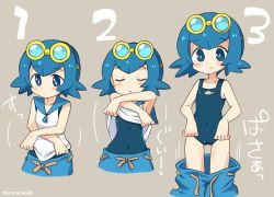 Rule 34 | 1girl, bare shoulders, blue eyes, blue hair, blue sailor collar, blush, creatures (company), eromame, game freak, goggles, goggles on head, lana (pokemon), multiple views, nintendo, pokemon, pokemon (anime), pokemon sm, pokemon sm (anime), sailor collar, short hair, simple background, sleeveless, swimsuit, swimsuit under clothes, text focus, translation request, trial captain, undressing
