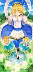 Rule 34 | 1girl, alice margatroid, alice margatroid (pc-98), blonde hair, blush, book, bow, doll, dress, closed eyes, female focus, floating, hair bow, hair ribbon, long image, mystic square, ribbon, short hair, solo, tall image, touhou, touhou (pc-98), traditional media, w3, wwwe314