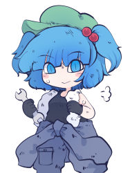 Rule 34 | 1girl, black gloves, blue eyes, blue hair, blush stickers, chahan (fried rice0614), closed mouth, flat cap, gloves, green hat, hair bobbles, hair ornament, hat, highres, holding, holding wrench, kawashiro nitori, one-hour drawing challenge, short hair, simple background, smile, solo, touhou, twintails, white background, wrench