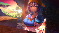 Rule 34 | 1girl, apron, bar (place), blue eyes, blue hair, breasts, closed mouth, dragon quest, dragon quest ix, food, frilled sleeves, frills, fruit, glowing, head scarf, kainown, keg (container), large breasts, light particles, outstretched hand, puffy sleeves, ribbon, rikka (dq9), short hair, sky, smile, solo, sunset