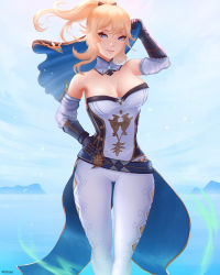 Rule 34 | 1girl, bare shoulders, blonde hair, blue eyes, breasts, cleavage, coattails, detached sleeves, gauntlets, genshin impact, hair between eyes, hand on own hip, highres, jean (genshin impact), large breasts, long hair, looking at viewer, mcdobo, outdoors, pants, ponytail, smile, solo, standing, tight clothes, tight pants, water, white pants