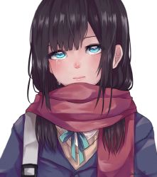 Rule 34 | 1girl, bad id, bad pixiv id, beige sweater, black hair, blue eyes, blue ribbon, coat, crying, crying with eyes open, enpera, expressionless, eyelashes, face, highres, kiri itoguchi, lips, long hair, looking up, original, red scarf, ribbon, scarf, simple background, solo, streaming tears, tears, white background