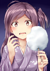 Rule 34 | 10s, 1girl, ahoge, alternate costume, brown eyes, brown hair, collarbone, cotton candy, gradient background, hagikaze (kancolle), highres, holding, japanese clothes, kamelie, kantai collection, kimono, long hair, long sleeves, looking at viewer, one side up, open mouth, simple background, solo, sweat, tearing up, tears, trembling, upper body, wavy mouth, yukata