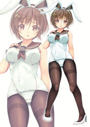 Rule 34 | 1girl, absurdres, adapted costume, animal ears, blush, breasts, brown eyes, brown hair, brown pantyhose, brown sailor collar, fake animal ears, full body, gluteal fold, gradient background, grey background, high heels, highres, kantai collection, looking at viewer, medium breasts, natori (kancolle), one-piece swimsuit, open mouth, pantyhose, pantyhose under swimsuit, playboy bunny swimsuit, rabbit ears, sailor collar, school swimsuit, short hair, solo, swimsuit, white footwear, white one-piece swimsuit, yashin (yasinz), zoom layer