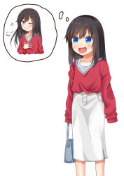 Rule 34 | 1girl, asashio (kancolle), bag, black hair, blue eyes, comiching, commentary request, feet out of frame, full body, highres, imagining, kantai collection, long hair, long skirt, open mouth, oversized clothes, red sweater, round teeth, simple background, skirt, sleeves past fingers, sleeves past wrists, smile, smug, solo, standing, sweater, teeth, upper teeth only, v-shaped eyebrows, white background, white skirt