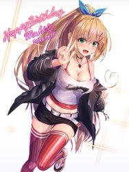 Rule 34 | 1girl, absurdres, antenna hair, bare shoulders, belt, blonde hair, bow, breasts, cevio, choker, cleavage, green eyes, hair bow, hair ornament, hairclip, happy birthday, highres, jacket, jewelry, large breasts, long hair, looking at viewer, lukky clover, midriff, navel, necklace, off-shoulder shirt, off shoulder, open mouth, shirt, short shorts, shorts, solo, thighhighs, tsurumaki maki, v, very long hair, white shirt