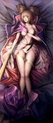 Rule 34 | 1girl, belt, blush, cape, covering breasts, covering privates, dress, earmuffs, full body, gradient background, highres, janyhero, light brown hair, looking at viewer, lying, on back, on bed, open clothes, open dress, panties, parted lips, ritual baton, short hair, sleeveless, solo, striped clothes, striped panties, touhou, toyosatomimi no miko, underwear