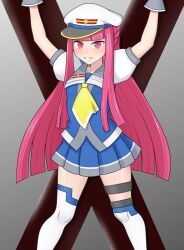 Rule 34 | arms up, asymmetrical legwear, bdsm, blue serafuku, blunt bangs, blunt ends, blunt sidelocks, blush, bondage, bound, braid, crucifixion, gradient background, grey background, grey sailor collar, grimace, hat, highres, long hair, looking at viewer, neckerchief, peaked cap, pink eyes, pink hair, pleated skirt, puffy sleeves, restrained, sailor collar, sawamura (sawamura0510), school uniform, serafuku, sidelocks, simple background, skirt, st. andrew&#039;s cross, sumire (pop&#039;n music), sweat, thigh strap, thighhighs, very long hair, white thighhighs, yellow neckerchief