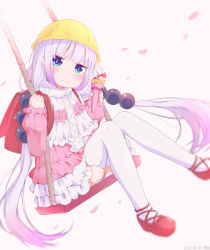 Rule 34 | 10s, 1girl, absurdres, aka aka, backpack, bag, beads, blue eyes, blunt bangs, blush, capelet, crepe, eating, food, food on face, frilled capelet, frills, gradient hair, hair beads, hair ornament, hairband, highres, kanna kamui, kobayashi-san chi no maidragon, light purple hair, long hair, low twintails, multicolored hair, pink hair, randoseru, red footwear, shoes, sitting, swing, swinging, thighhighs, twintails, very long hair, white thighhighs