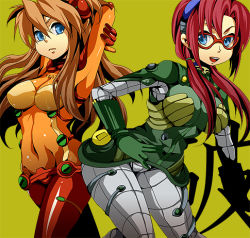 Rule 34 | 00s, 2girls, bodysuit, cleavage, evangelion: 2.0 you can (not) advance, glasses, hand on own hip, hcsb, hip focus, long hair, lowres, makinami mari illustrious, mecha, multicolored clothes, multiple girls, neon genesis evangelion, plugsuit, rebuild of evangelion, robot, see-through, see-through cleavage, short hair, skin tight, souryuu asuka langley, test plugsuit, very long hair, wide hips