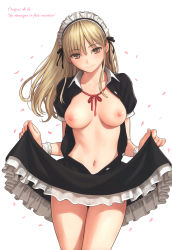 Rule 34 | 1girl, absurdres, black dress, breasts, brown eyes, closed mouth, clothes lift, cowboy shot, dress, dress lift, head tilt, highres, homunculus (alchemynote), light brown hair, long hair, maid headdress, medium breasts, navel, nipples, no bra, no panties, open clothes, open dress, original, petals, scan, see-through, simple background, smile, solo, thigh gap, white background, wrist cuffs