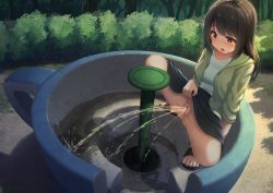 Rule 34 | 1girl, arisu kazumi, blush, brown eyes, brown hair, cleft of venus, female pervert, no panties, open mouth, original, outdoors, park, peeing, peeing in public, pervert, playground, public indecency, puddle, pussy, sandals, solo, squatting, uncensored
