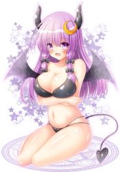 Rule 34 | 1girl, bare shoulders, bat wings, bikini, blush, bow, breast hold, breasts, cleavage, crescent, crescent hair ornament, demon girl, fang, hair bow, hair ornament, highres, large breasts, long hair, magic circle, navel, no headwear, no headwear, open mouth, osashin (osada), patchouli knowledge, purple hair, solo, star (symbol), swimsuit, tail, touhou, wings
