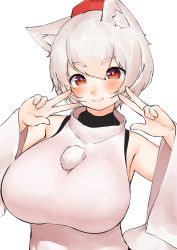 Rule 34 | 1girl, absurdres, animal ear fluff, animal ears, blush, breasts, closed mouth, detached sleeves, double v, highres, inubashiri momiji, large breasts, looking at viewer, pom pom (clothes), red eyes, shirt, short hair, solo, tail, take (take143000), teeth, touhou, upper teeth only, v, white background, white hair, white shirt, white sleeves, wolf ears, wolf girl, wolf tail