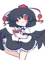 Rule 34 | 1girl, black hair, black ribbon, black skirt, black wings, blush, book, buttons, chahan (fried rice0614), chibi, collared shirt, feathered wings, feet out of frame, frilled sleeves, frills, full body, hat, highres, holding, holding book, holding pen, leg up, looking at viewer, neck ribbon, one eye closed, pen, puffy short sleeves, puffy sleeves, red eyes, red tassel, ribbon, shameimaru aya, shirt, short hair, short sleeves, simple background, skirt, sleeve garter, smile, solo, tokin hat, touhou, white background, white shirt, wings