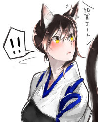 Rule 34 | !, !!, 10s, 1girl, animal ears, bad id, bad pixiv id, brown hair, cat ears, cat tail, fang, japanese clothes, kaga (kancolle), kantai collection, kemonomimi mode, muneate, shuu-0208, side ponytail, simple background, solo, tail, white background, yellow eyes