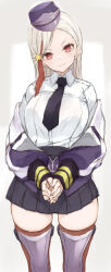 Rule 34 | 1girl, black necktie, black skirt, blonde hair, breasts, closed mouth, collared shirt, commentary, feet out of frame, garrison cap, gloves, grey hat, hair ornament, hat, highres, kantai collection, large breasts, long hair, long sleeves, looking at viewer, massachusetts (kancolle), multicolored hair, necktie, pleated skirt, red eyes, red hair, rudder footwear, ryo (tg290), shirt, skirt, smile, solo, star (symbol), star hair ornament, streaked hair, white gloves, white shirt
