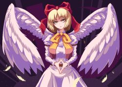 Rule 34 | 1girl, belt, blonde hair, bow, bowtie, breasts, brown belt, buttons, collared dress, commentary, commission, dress, english commentary, feathers, gengetsu (touhou), hair bow, highres, juliet sleeves, large breasts, long sleeves, looking at viewer, nukekip, open clothes, open mouth, open vest, orange bow, orange bowtie, own hands together, pink dress, pink vest, puffy sleeves, purple background, red bow, short hair, solo, standing, touhou, touhou (pc-98), vest, wings