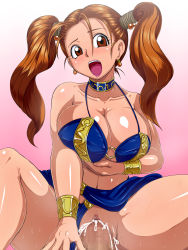 Rule 34 | 1girl, alternate costume, bikini, breast hold, breasts, brown eyes, brown hair, censored, clothing aside, cowgirl position, cum, cum in pussy, dragon quest, dragon quest viii, earrings, girl on top, highres, jessica albert, jewelry, large breasts, lipstick, long hair, magic bikini (dq), makeup, mosaic censoring, open mouth, panties, panties aside, penis, pussy, pussy juice, raburebo, sarong, sex, solo focus, spread legs, square enix, straddling, sweat, swimsuit, twintails, underwear, vaginal