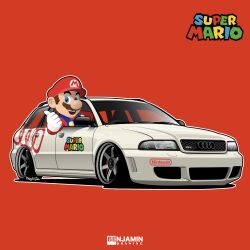 Rule 34 | 1boy, artist name, audi, audi rs4, benjamin (user scjv3278), blue eyes, blue overalls, brown hair, car, facial hair, gloves, hat, highres, logo, male focus, mario, mario (series), motor vehicle, mustache, nintendo, open mouth, overalls, red background, red hat, red shirt, shirt, smile, solo, stance (vehicle), thumbs up, vehicle focus, white gloves