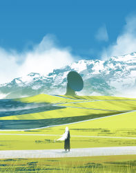 Rule 34 | 1girl, absurdres, asteroid ill, black dress, blue sky, cloud, day, dress, fog, from behind, full body, grass, highres, iz (asteroid ill), landscape, long hair, mountain, original, outdoors, path, road, satellite dish, scenery, sky, snow, solo, standing, textless version, very long hair, very wide shot, white hair