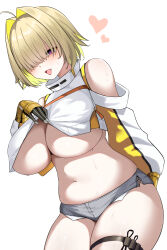 Rule 34 | 1girl, absurdres, ahoge, arm behind back, bare shoulders, blonde hair, blush, breasts, cowboy shot, elegg (nikke), exposed pocket, eyes visible through hair, gloves, goddess of victory: nikke, grey shorts, hair intakes, hair over eyes, heart, highres, large breasts, leaning forward, lifting own clothes, long bangs, long sleeves, looking at viewer, medium hair, multicolored hair, murding, navel, off shoulder, open mouth, purple eyes, short shorts, shorts, simple background, solo, sweat, thick thighs, thigh strap, thighs, two-tone hair, white background