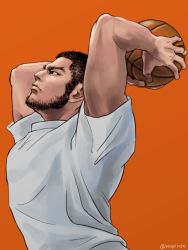 Rule 34 | 1boy, alternate costume, ball, basketball, basketball (object), beard, black hair, buzz cut, contemporary, facial hair, from side, frown, golden kamuy, holding, holding ball, jumping, lips, male focus, mature male, nopinzo, orange background, pectorals, short hair, simple background, slam dunk (basketball), solo, tanigaki genjirou, thick eyebrows, upper body, very short hair