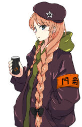 Rule 34 | 1girl, adapted costume, black bow, blue eyes, bow, braid, brown headwear, can, canned coffee, drink can, green hoodie, hair bow, hand in pocket, highres, hong meiling, hood, hoodie, jack (wkm74959), jacket, long hair, one-hour drawing challenge, red hair, red jacket, sketch, solo, touhou, twin braids, very long hair, white background
