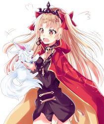 Rule 34 | 1girl, anger vein, animal, blonde hair, cape, earrings, ereshkigal (fate), fate (series), fou (fate), hair ribbon, highres, hizaka, holding, holding animal, jewelry, long hair, multicolored cape, multicolored clothes, nail polish, necklace, parted bangs, red cape, red eyes, red ribbon, ribbon, simple background, skull, tohsaka rin, two side up, white background, yellow cape
