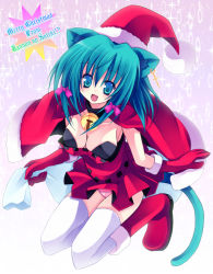 Rule 34 | 1girl, animal ears, aqua eyes, aqua hair, bell, boots, bow, breasts, cat ears, cat tail, christmas, cleavage, collar, cross, dress, gloves, hair bow, hat, jingle bell, kannon ouji, latin cross, neck bell, original, panties, pantyshot, pink panties, red gloves, sack, santa boots, santa costume, santa hat, solo, tail, thighhighs, underwear, white thighhighs