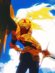 Rule 34 | 1girl, angel wings, armor, armored gloves, blonde hair, blue sky, chest armor, cloud, feathered wings, floating hair, from behind, full armor, highres, holding, holding sword, holding weapon, jian tai (cuoyu0), kayle (league of legends), league of legends, light, long hair, outdoors, shoulder armor, sky, solo, sunlight, sword, weapon, wings