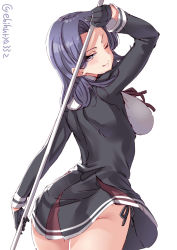Rule 34 | 1girl, black dress, black gloves, blush, breasts, dress, ebifurya, glaive (polearm), gloves, highres, holding, holding weapon, kantai collection, large breasts, long sleeves, one eye closed, polearm, purple eyes, purple hair, red ribbon, ribbon, short hair, simple background, smile, solo, tatsuta (kancolle), twitter username, weapon, white background