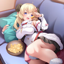 Rule 34 | 1girl, ahoge, animal ears, black skirt, blonde hair, bow, bowtie, breasts, buttons, chips (food), couch, detached sleeves, dress, eating, empire waist, food, fur-trimmed dress, fur-trimmed sleeves, fur trim, hair ornament, hairclip, holding, holding food, hololive, horns, indoors, large breasts, long hair, looking at viewer, lying, miniskirt, mofu namako, hugging object, on couch, on side, open mouth, pillow, pillow hug, pleated skirt, potato chips, purple eyes, red bow, red bowtie, sheep ears, sheep girl, sheep horns, short dress, skirt, sleeveless, sleeveless dress, solo, tsunomaki watame, tsunomaki watame (1st costume), underbust, v-shaped eyebrows, virtual youtuber, white dress