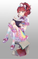 Rule 34 | 1girl, aikatsu!, aikatsu! (series), alternate hairstyle, book, bow, bowtie, brown hair, crescent, dress, earrings, footwear bow, frilled dress, frills, full body, gradient background, hair bow, holding, holding book, jewelry, kneehighs, knees up, long hair, necklace, onbin ha, open book, ponytail, purple eyes, reading, shibuki ran, shoes, short sleeves, sitting, smile, socks, solo, star (symbol), striped clothes, striped socks, wristband