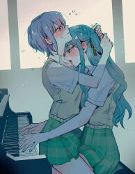Rule 34 | 2girls, bang dream!, bang dream! it&#039;s mygo!!!!!, blue hair, blush, brown sweater vest, commentary, green skirt, hands on another&#039;s head, haneoka school uniform, hickey, highres, indoors, instrument, maybecrosswise, multiple girls, music, parted lips, plaid, plaid skirt, playing instrument, playing piano, pleated skirt, purple eyes, purple hair, school uniform, shirt, short hair, short sleeves, sitting, sitting on lap, sitting on person, skirt, sweat, sweater vest, takamatsu tomori, togawa sakiko, tongue, tongue out, two side up, unbuttoned, unbuttoned shirt, white shirt, yellow eyes, yuri