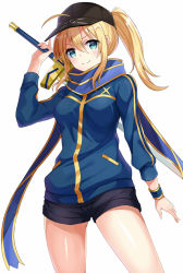 Rule 34 | 1girl, ahoge, artoria pendragon (fate), bad id, bad pixiv id, baseball cap, black hat, black shorts, blonde hair, blue eyes, blue jacket, blue scarf, blush, closed mouth, fate (series), harimoji, hat, himitsucalibur (fate), holding, holding sword, holding weapon, jacket, long sleeves, looking at viewer, mysterious heroine x (fate), ponytail, rojiura satsuki: chapter heroine sanctuary, scarf, short hair, shorts, simple background, smile, solo, standing, sword, track jacket, weapon, white background