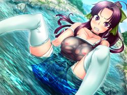 Rule 34 | 1girl, amano mitsurugi, angry, breasts, clenched teeth, female focus, game cg, hair ribbon, large breasts, legs, long hair, looking at viewer, mama camp plus!, nipples, ponytail, purple eyes, purple hair, ribbon, river, see-through, shorts, sitting, solo, spread legs, teeth, thighs, water, wet, wet clothes, white legwear