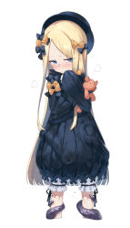 Rule 34 | 1girl, abigail williams (fate), black bow, black dress, black hat, blonde hair, bloomers, blue eyes, blush, bow, bug, butterfly, closed mouth, cropped legs, dress, fate/grand order, fate (series), forehead, hair bow, hat, highres, hugging object, insect, kylin, long hair, long sleeves, orange bow, parted bangs, polka dot, polka dot bow, sidelocks, simple background, sleeves past fingers, sleeves past wrists, solo, stuffed animal, stuffed toy, tearing up, tears, teddy bear, tentacles, underwear, very long hair, wavy mouth, white background, white bloomers