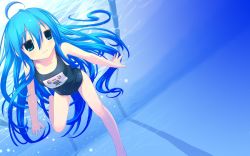 Rule 34 | ahoge, blue eyes, blue hair, highres, izumi konata, long hair, lucky star, one-piece swimsuit, pool, school swimsuit, solo, swimming, swimsuit, third-party edit, underwater, wallpaper