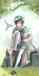 Rule 34 | 1boy, absurdres, androgynous, beret, bird, black hair, blue hair, bow, braid, cape, closed mouth, collared cape, collared shirt, commentary, corset, day, english commentary, falling leaves, feathers, flower, frilled sleeves, frills, full body, genshin impact, gradient hair, green cape, green eyes, green hat, green shorts, hair flower, hair ornament, hat, highres, jira (0116), leaf, long sleeves, male focus, multicolored hair, outdoors, pantyhose, shirt, shoes, short hair with long locks, shorts, side braids, sidelocks, sitting, smile, solo, twin braids, venti (genshin impact), vision (genshin impact), white flower, white pantyhose, white shirt