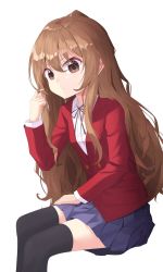 Rule 34 | 1girl, aisaka taiga, black thighhighs, blush, brown eyes, brown hair, commentary request, frown, hand in own hair, hand on own leg, highres, jacket, kanzi, long hair, long sleeves, looking at viewer, oohashi high school uniform, pleated skirt, red jacket, red ribbon, ribbon, school uniform, shirt, simple background, skirt, solo, thighhighs, toradora!, white background, white shirt