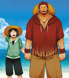 Rule 34 | 2boys, age difference, alternate costume, armor, beach, beard, black hair, bob cut, child, day, facial hair, fate/zero, fate (series), holding hands, hat, hood, hoodie, iskandar (fate), kikuyarou, laughing, male focus, multiple boys, red hair, shorts, size difference, smile, sun hat, waver velvet