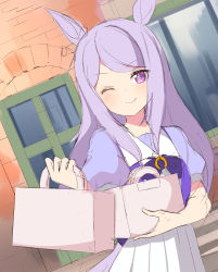 Rule 34 | 1girl, ;), ame., animal ears, blush, brick wall, closed mouth, commentary, day, door, dutch angle, highres, holding, horse ears, horse girl, horse tail, long hair, looking at viewer, mejiro mcqueen (umamusume), one eye closed, outdoors, pastry box, pleated skirt, puffy short sleeves, puffy sleeves, purple eyes, purple hair, purple shirt, shirt, short sleeves, skirt, smile, solo, swept bangs, symbol-only commentary, tail, umamusume, unfinished, very long hair, white skirt, window